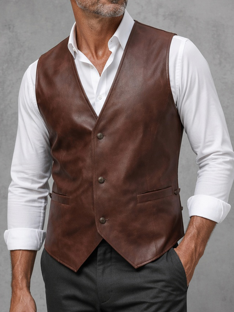 Leather Work Vest For Men - Мужской коричневый винтажный жилет из искусственной